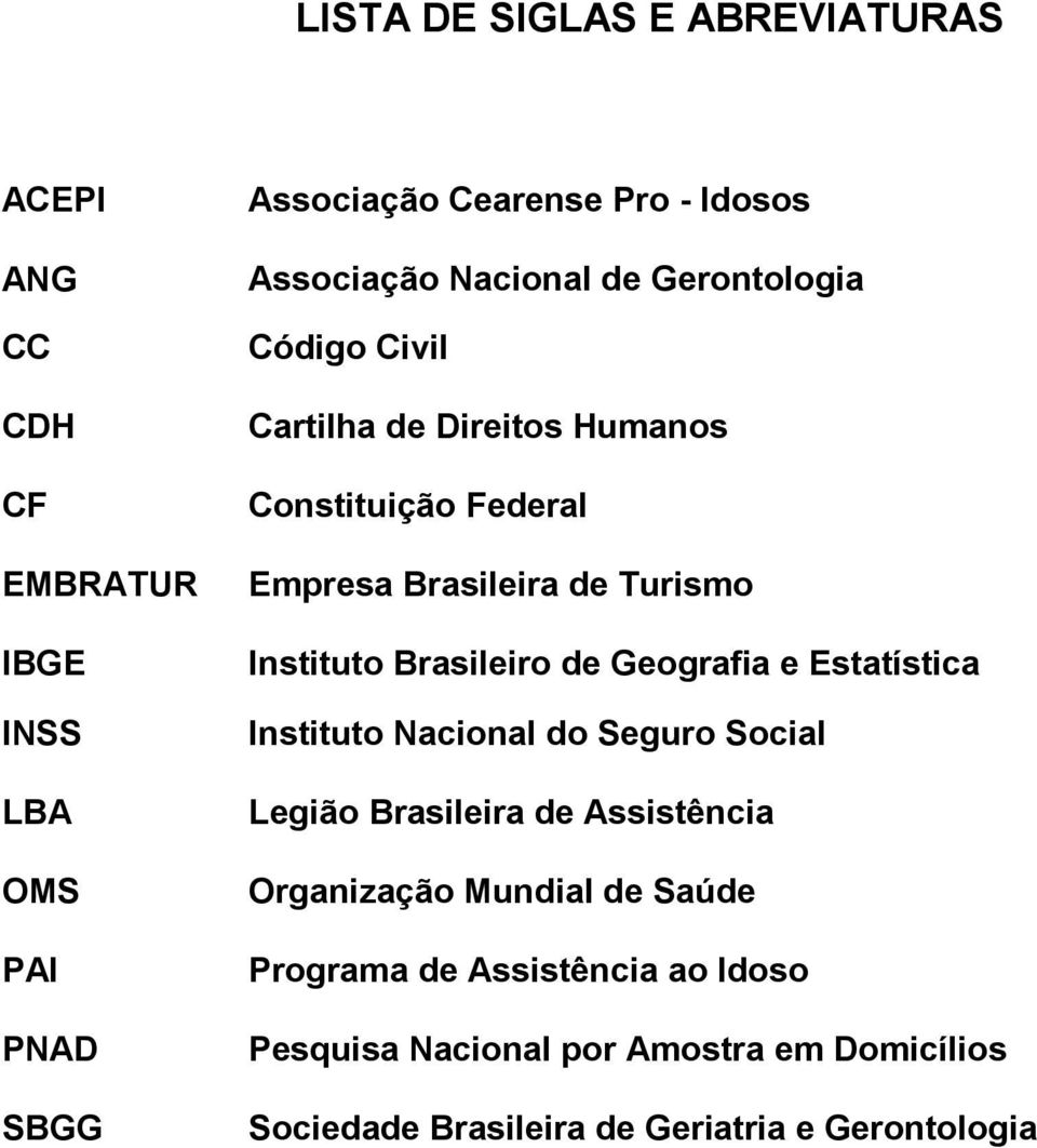 Instituto Brasileiro de Geografia e Estatística Instituto Nacional do Seguro Social Legião Brasileira de Assistência Organização