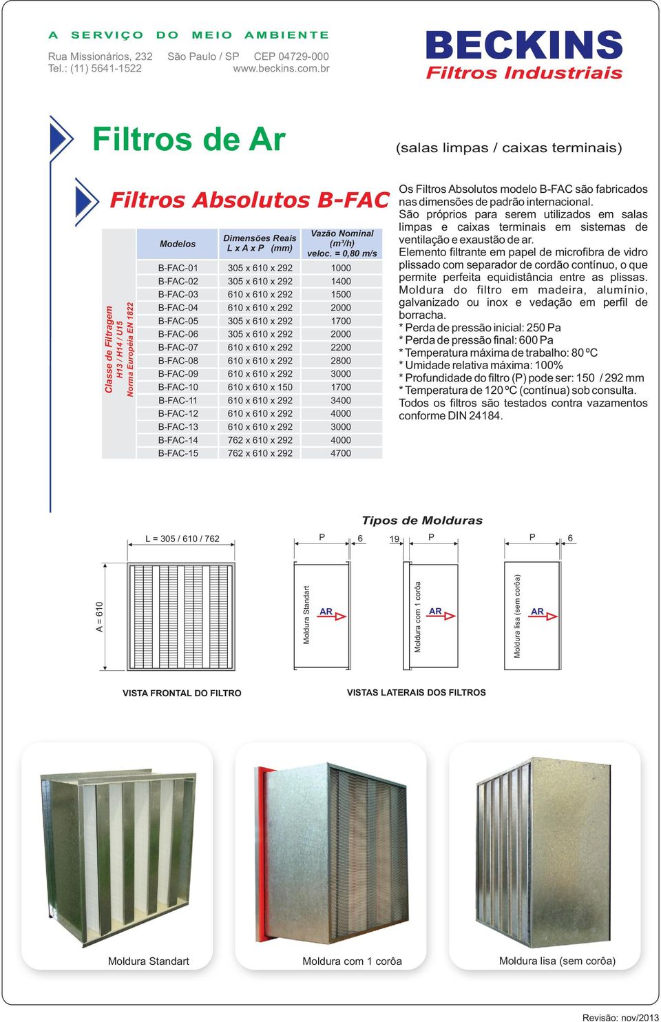 292 Vazão Nominal veloc. = 0, m/s 0 10 1500 00 1700 00 20 20 0 1700 30 00 0 00 4700 Os Filtros Absolutos modelo B-FAC são fabricados nas dimensões de padrão internacional.