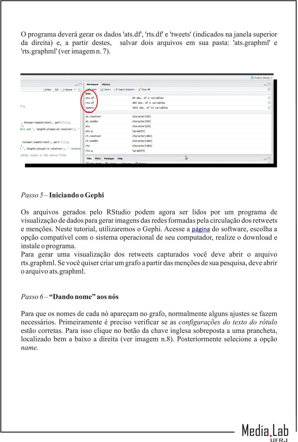 Passo 5 Iniciando o Gephi Os arquivos gerados pelo RStudio podem agora ser lidos por um programa de visualização de dados para gerar imagens das redes formadas pela circulação dos retweets e menções.