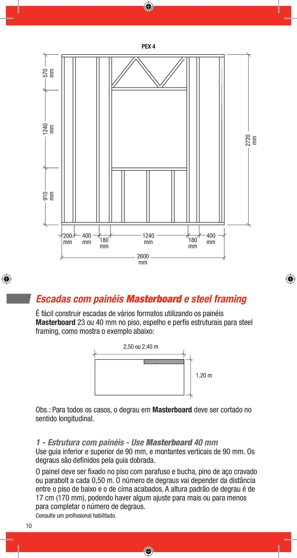 10 1 - Estrutura com painéis - Use Masterboard 40 Use guia inferior e superior de 90, e montantes verticais de 90. Os degraus são definidos pela guia dobrada.