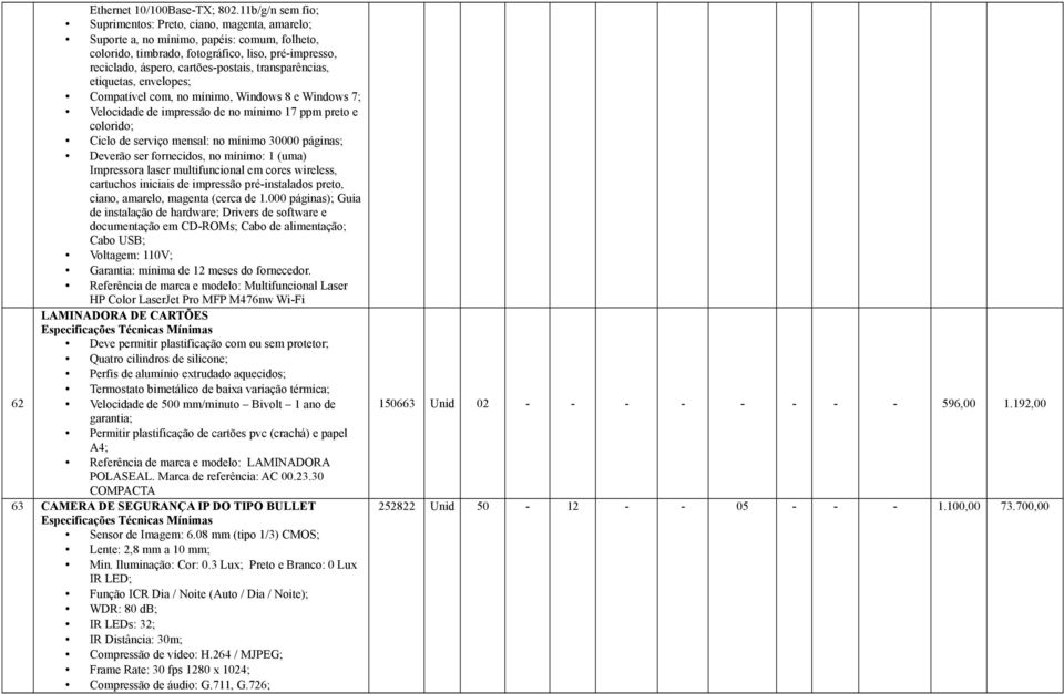 transparências, etiquetas, envelopes; Compatível com, no mínimo, Windows 8 e Windows 7; Velocidade de impressão de no mínimo 17 ppm preto e colorido; Ciclo de serviço mensal: no mínimo 30000 páginas;