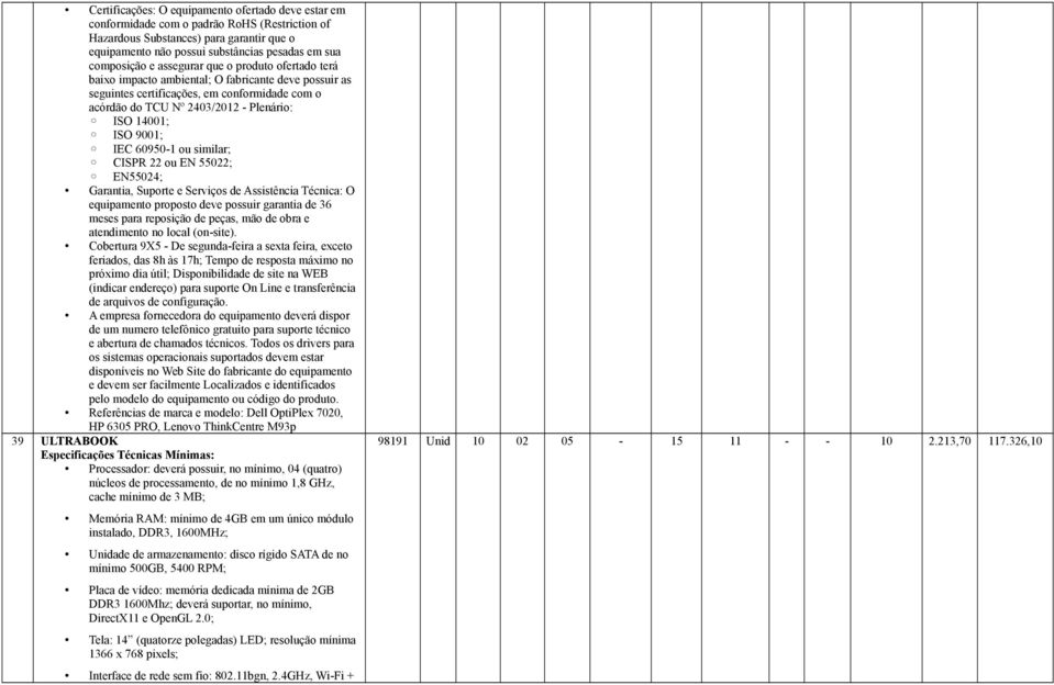 14001; ISO 9001; IEC 60950-1 ou similar; CISPR 22 ou EN 55022; EN55024; Garantia, Suporte e Serviços de Assistência Técnica: O equipamento proposto deve possuir garantia de 36 meses para reposição de