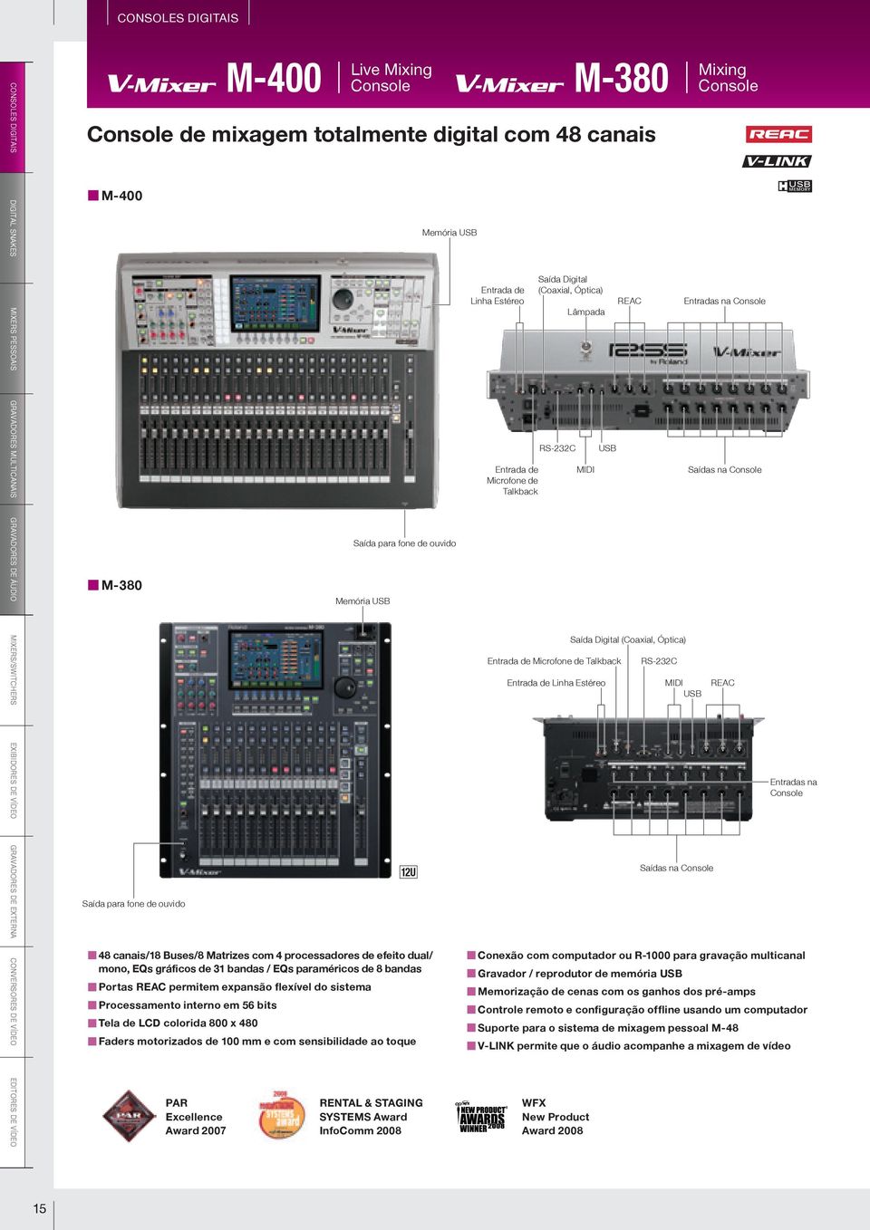 x 480 Faders motorizados de 100 mm e com sensibilidade ao toque PAR Excellence Award 2007 Memória USB Saída para fone de ouvido Memória USB 12U RENTAL & STAGING SYSTEMS Award InfoComm 2008 Entrada de