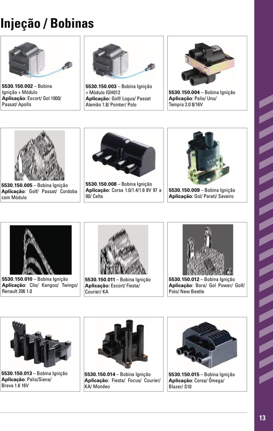 0/1.4/1.6 8V 97 a 00/ Celta 5530.150.009 Bobina Ignição Aplicação: Gol/ Parati/ Saveiro 5530.150.010 Bobina Ignição Aplicação: Clio/ Kangoo/ Twingo/ Renault 206 1.0 5530.150.011 Bobina Ignição Aplicação: Escort/ Fiesta/ Courier/ KA 5530.