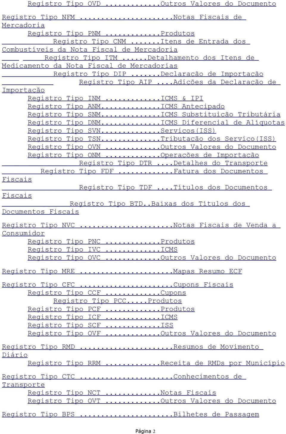 ..Declaração de Importação Registro Tipo AIP...Adições da Declaração de Importação Registro Tipo INM...ICMS & IPI Registro Tipo ANM...ICMS Antecipado Registro Tipo SNM.