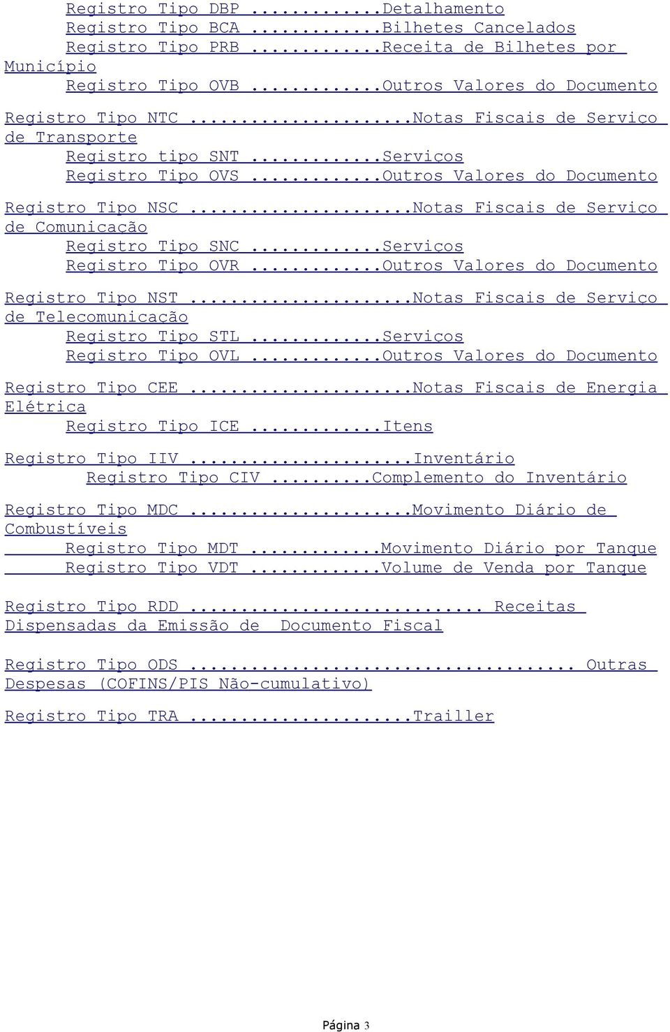 ..Serviços Registro Tipo OVR...Outros Valores do Documento Registro Tipo NST...Notas Fiscais de Serviço de Telecomunicação Registro Tipo STL...Serviços Registro Tipo OVL.
