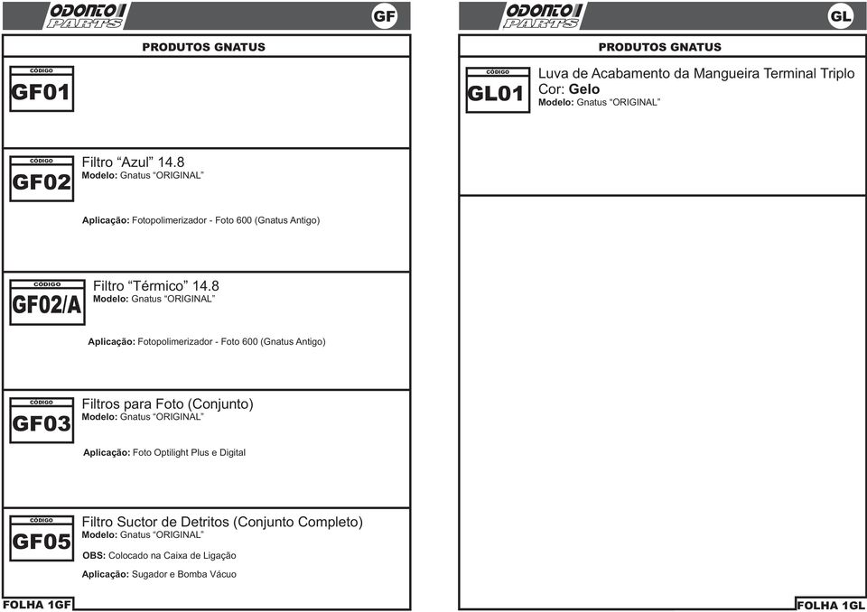 - Foto 600 (Gnatus Antigo) GF03 Filtros para Foto (Conjunto) Aplicação: Foto Optilight Plus e Digital GF05 Filtro