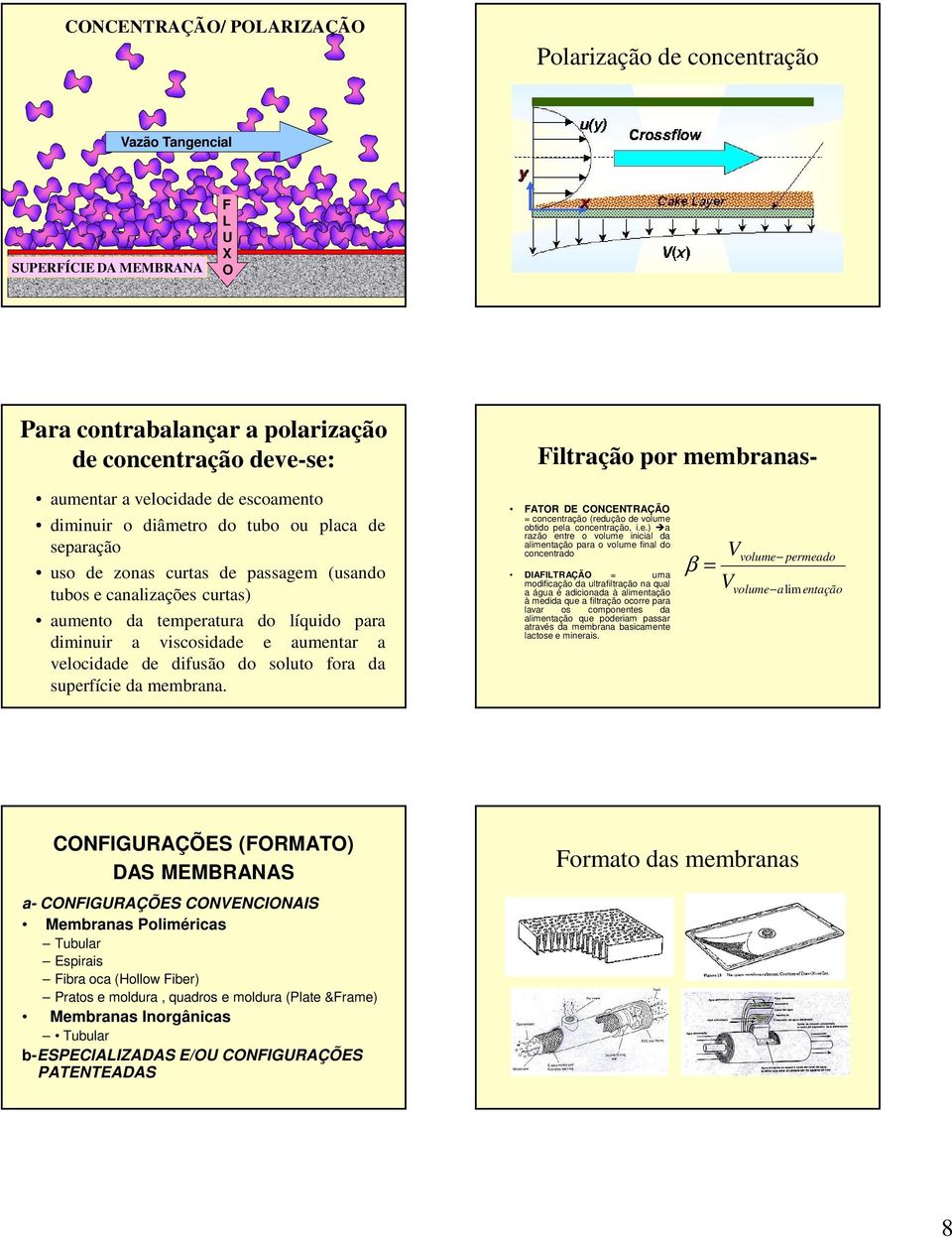 velocidade de difusão do soluto fora da superfície da membrana. Filtração por membranas- FATOR DE CONCENTRAÇÃO = concentração (redução de volume obtido pela concentração, i.e.) a razão entre o volume