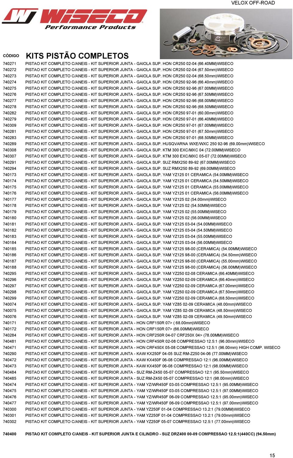 50mm)WISECO 740274 PISTAO KIT COMPLETO C/ANEIS - KIT SUPERIOR JUNTA - GAIOLA SUP. HON CR250 92-96 (66.40mm)WISECO 740275 PISTAO KIT COMPLETO C/ANEIS - KIT SUPERIOR JUNTA - GAIOLA SUP.