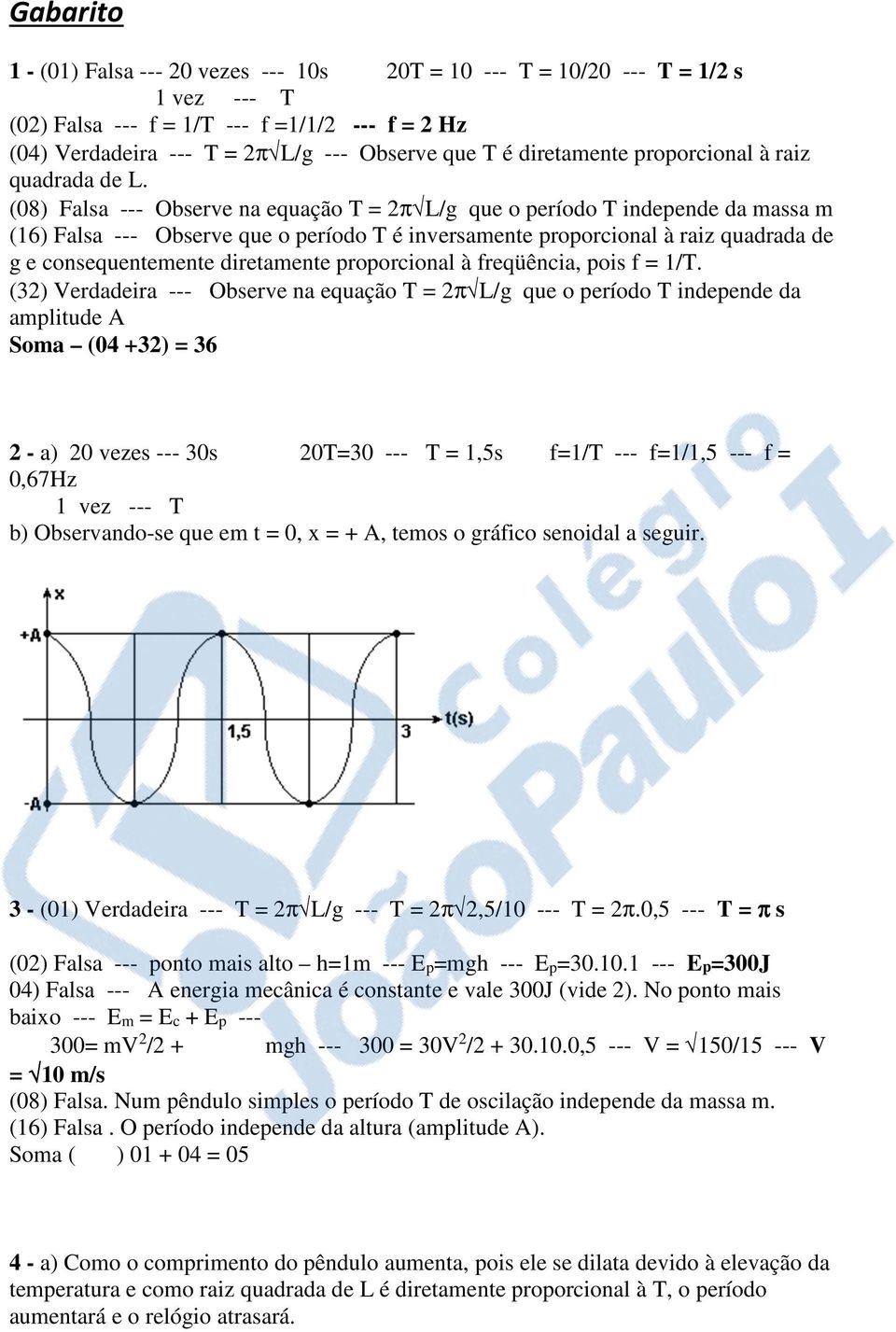 (08) Falsa --- Observe na equação T = 2π L/g que o período T independe da massa m (16) Falsa --- Observe que o período T é inversamente proporcional à raiz quadrada de g e consequentemente