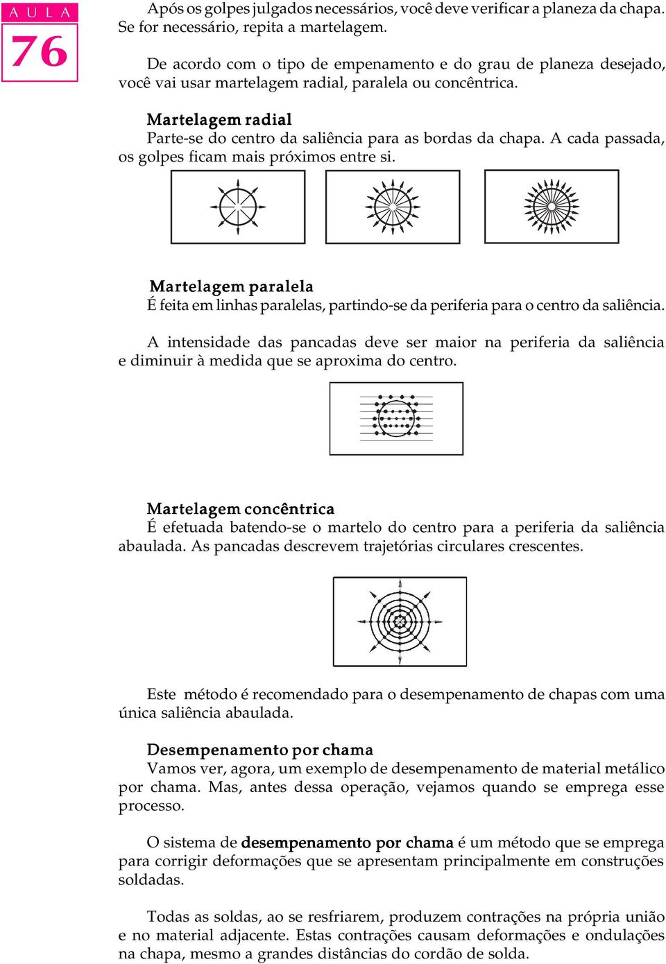 A cada passada, os golpes ficam mais próximos entre si. Martelagem paralela É feita em linhas paralelas, partindo-se da periferia para o centro da saliência.