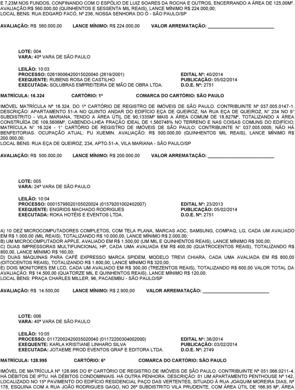 000,00 VALOR ARREMATAÇÃO: LOTE: 004 VARA: 40ª VARA DE SÃO PAULO LEILÃO: 10:03 PROCESSO: 02619006420015020040 (2619/2001) EDITAL Nº: 40/2014 EXEQUENTE: RUBENS ROSA DE CASTILHO PUBLICAÇÃO: 05/02/2014