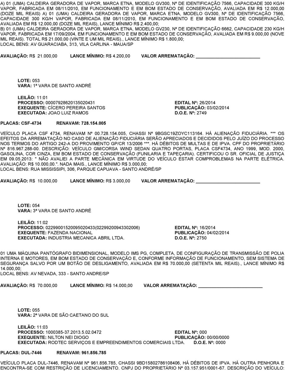 400,00; B) 01 (UMA) CALDEIRA GERADORA DE VAPOR, MARCA ETNA, MODELO GV230, Nº DE IDENTIFICAÇÃO 6662, CAPACIDADE 230 KG/H VAPOR, FABRICADA EM 17/09/2004, EM FUNCIONAMENTO E EM BOM ESTADO DE