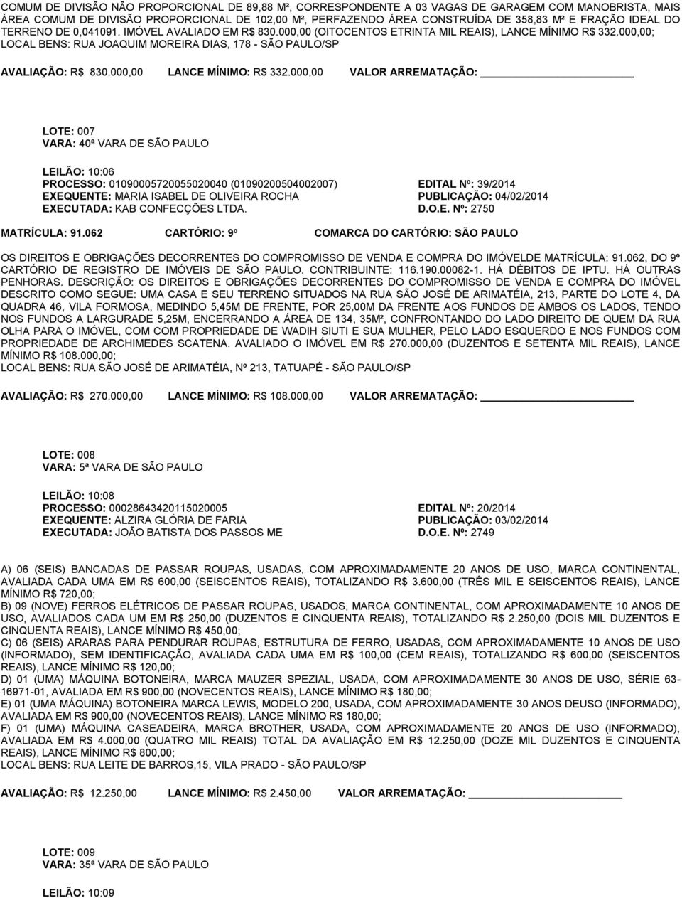 000,00; LOCAL BENS: RUA JOAQUIM MOREIRA DIAS, 178 - SÃO PAULO/SP AVALIAÇÃO: R$ 830.000,00 LANCE MÍNIMO: R$ 332.