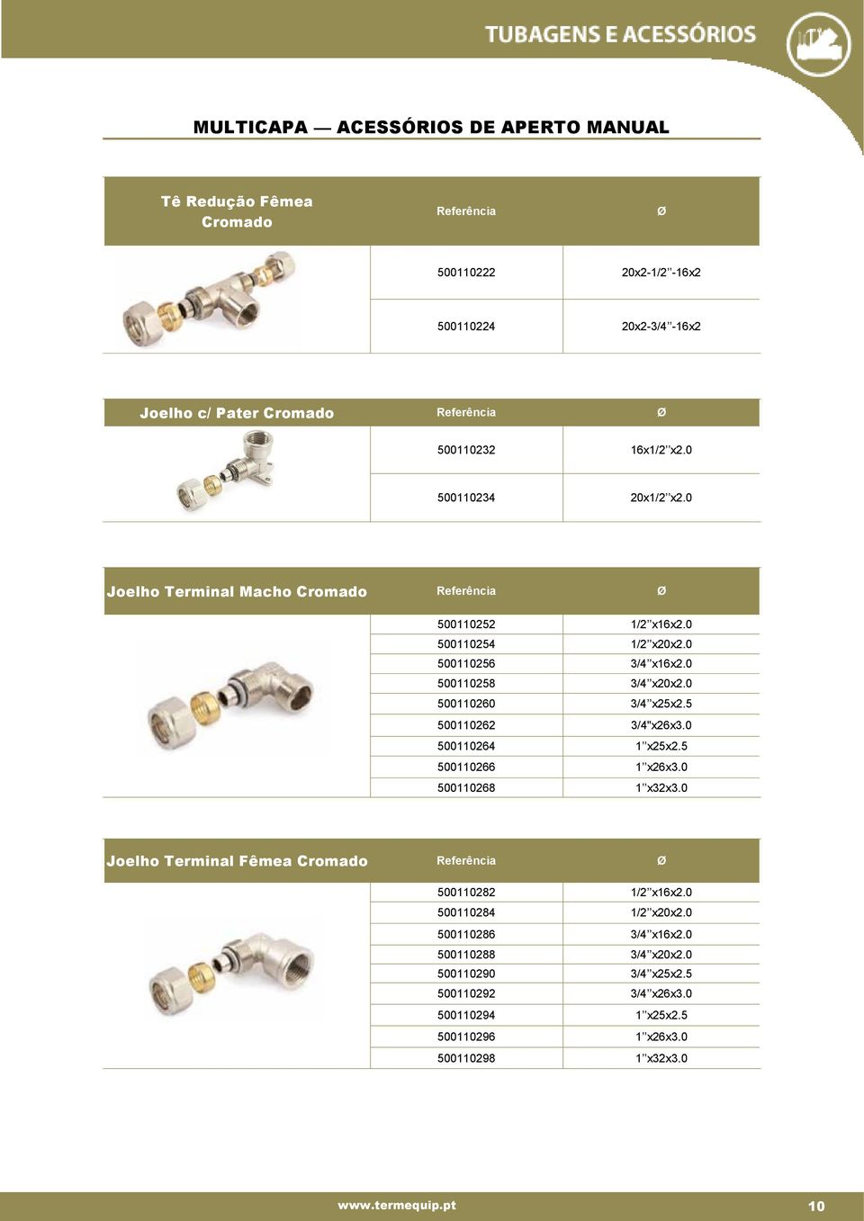 0 500110260 3/4 x25x2.5 500110262 3/4"x26x3.0 500110264 1 x25x2.5 500110266 1 x26x3.0 500110268 1 x32x3.0 Joelho Terminal Fêmea Cromado Referência Ø 500110282 1/2 x16x2.