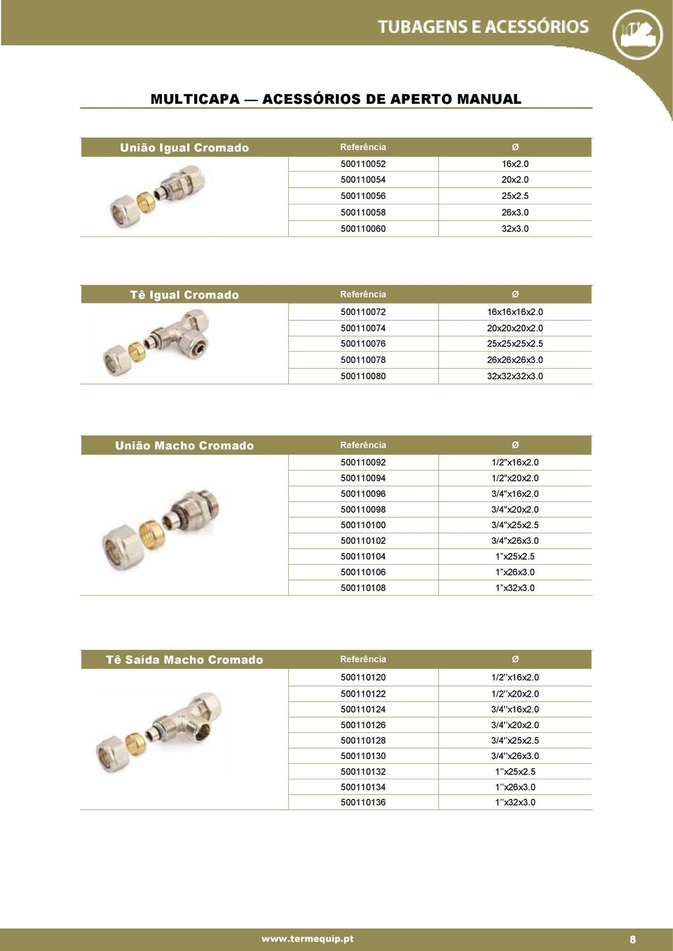 0 União Macho Cromado Referência Ø 500110092 1/2"x16x2.0 500110094 1/2"x20x2.0 500110096 3/4"x16x2.0 500110098 3/4"x20x2.0 500110100 3/4"x25x2.5 500110102 3/4"x26x3.0 500110104 1 x25x2.