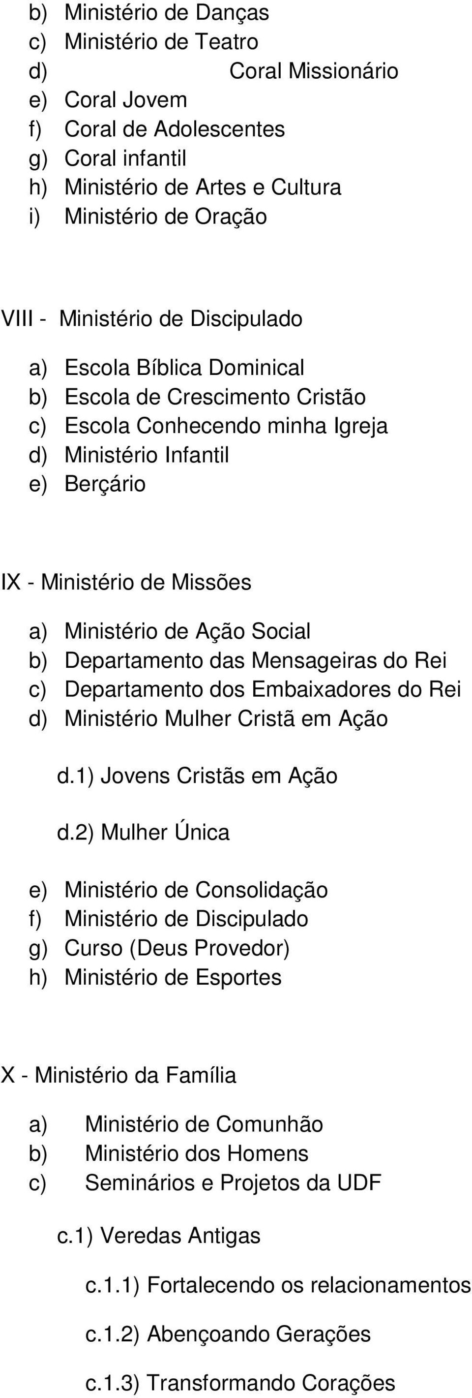 Ação Social b) Departamento das Mensageiras do Rei c) Departamento dos Embaixadores do Rei d) Ministério Mulher Cristã em Ação d.1) Jovens Cristãs em Ação d.