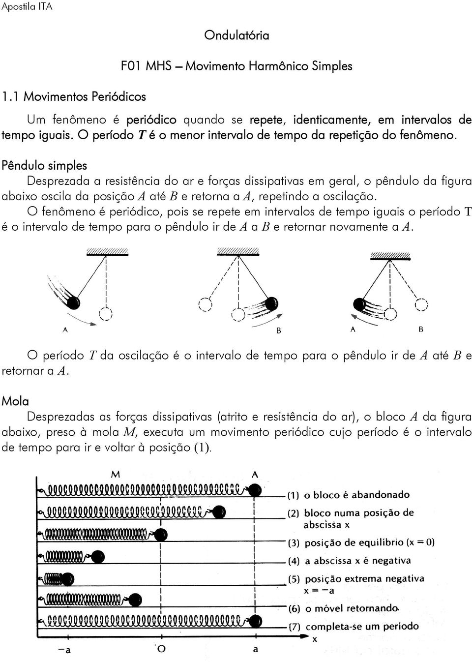 Pêndulo simples Desprezada a resistência do ar e forças dissipativas em geral, o pêndulo da figura abaixo oscila da posição A até B e retorna a A, repetindo a oscilação.