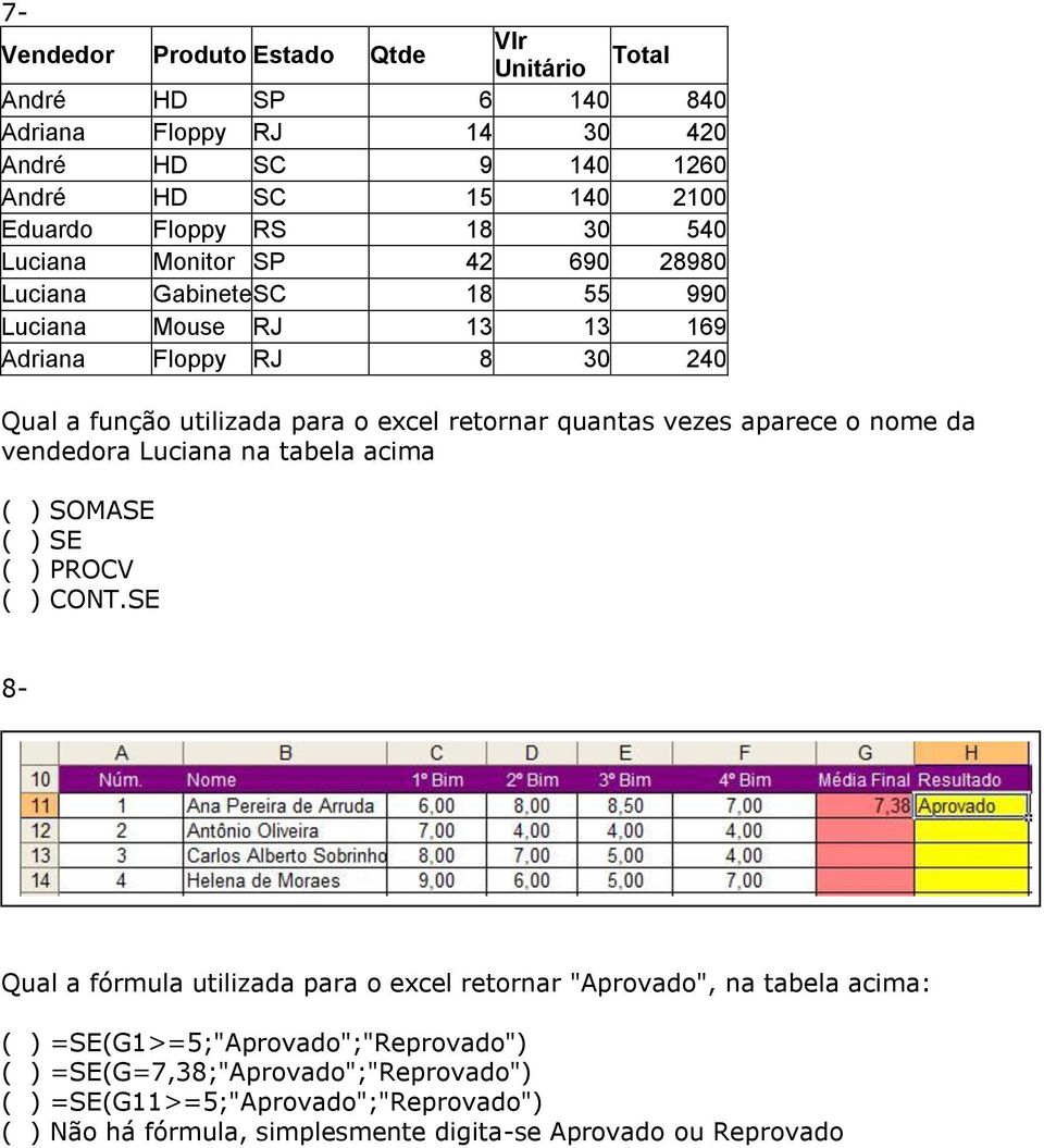 aparece o nome da vendedora Luciana na tabela acima ( ) SOMASE ( ) SE ( ) PROCV ( ) CONT.