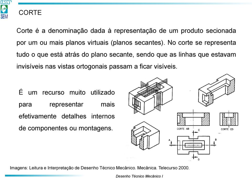 No corte se representa tudo o que está atrás do plano secante, sendo que as linhas que estavam invisíveis nas vistas