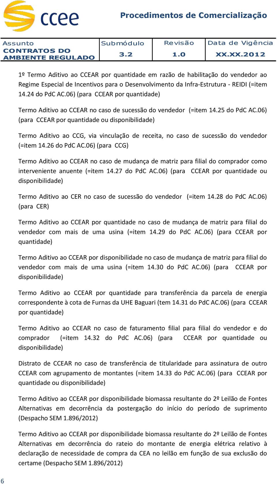 06) (para CCEAR por quantidade ou disponibilidade) Termo Aditivo ao CCG, via vinculação de receita, no caso de sucessão do vendedor (=item 14.26 do PdC AC.