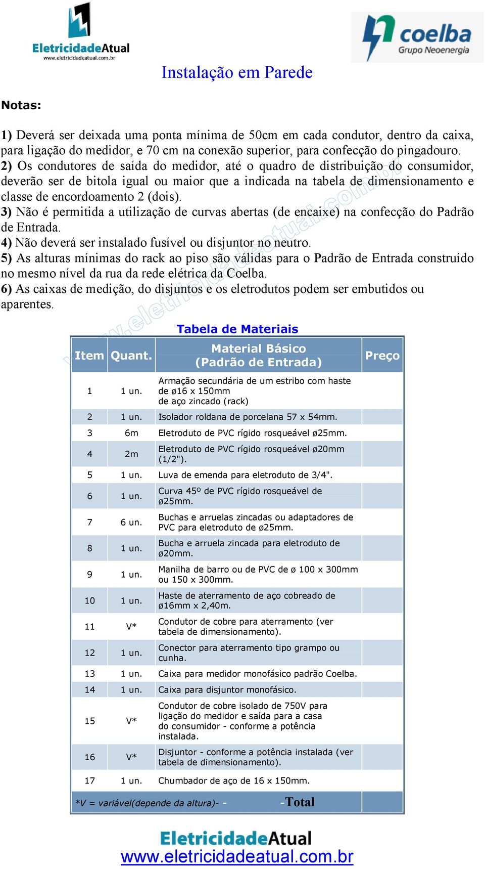 3) Não é permitida a utilização de curvas abertas (de encaixe) na confecção do Padrão de Entrada. 4) Não deverá ser instalado fusível ou disjuntor no neutro.