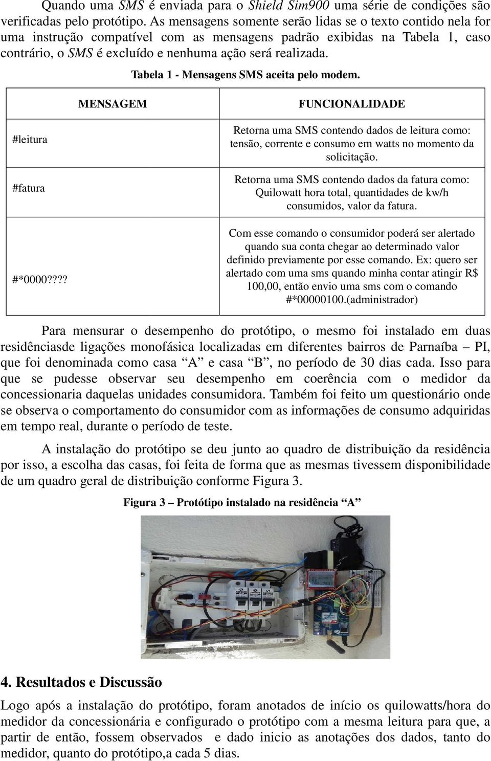 Tabela 1 - Mensagens SMS aceita pelo modem. MENSAGEM FUNCIONALIDADE #leitura #fatura #*0000?