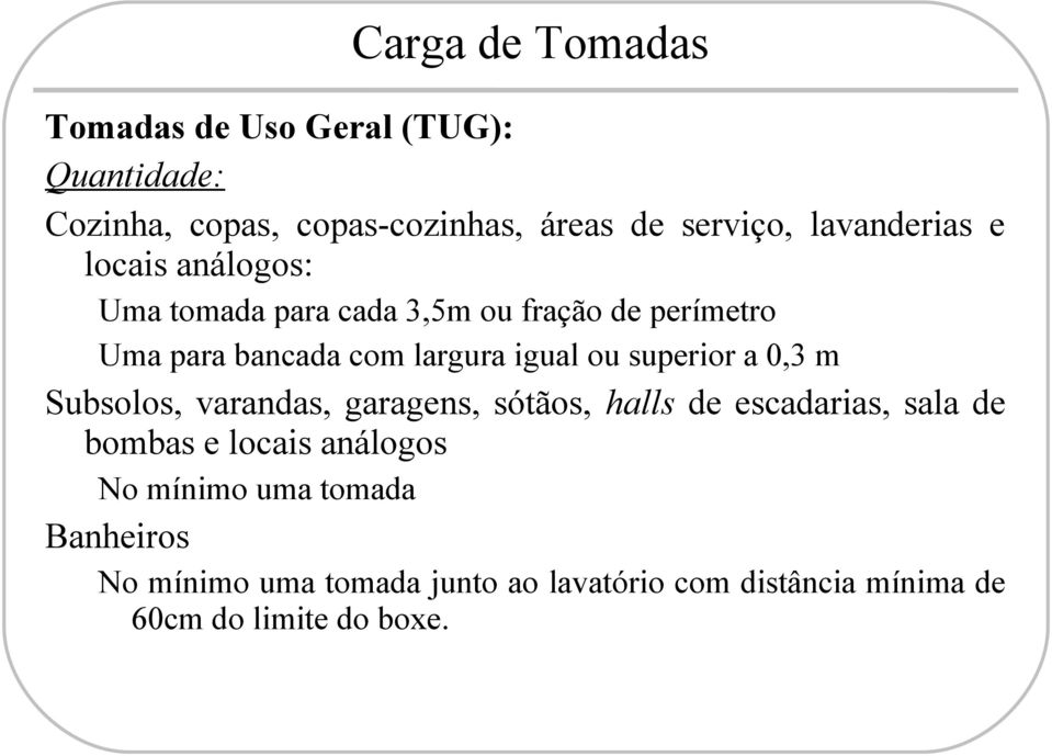 igual ou superior a 0,3 m Subsolos, varandas, garagens, sótãos, halls de escadarias, sala de bombas e locais