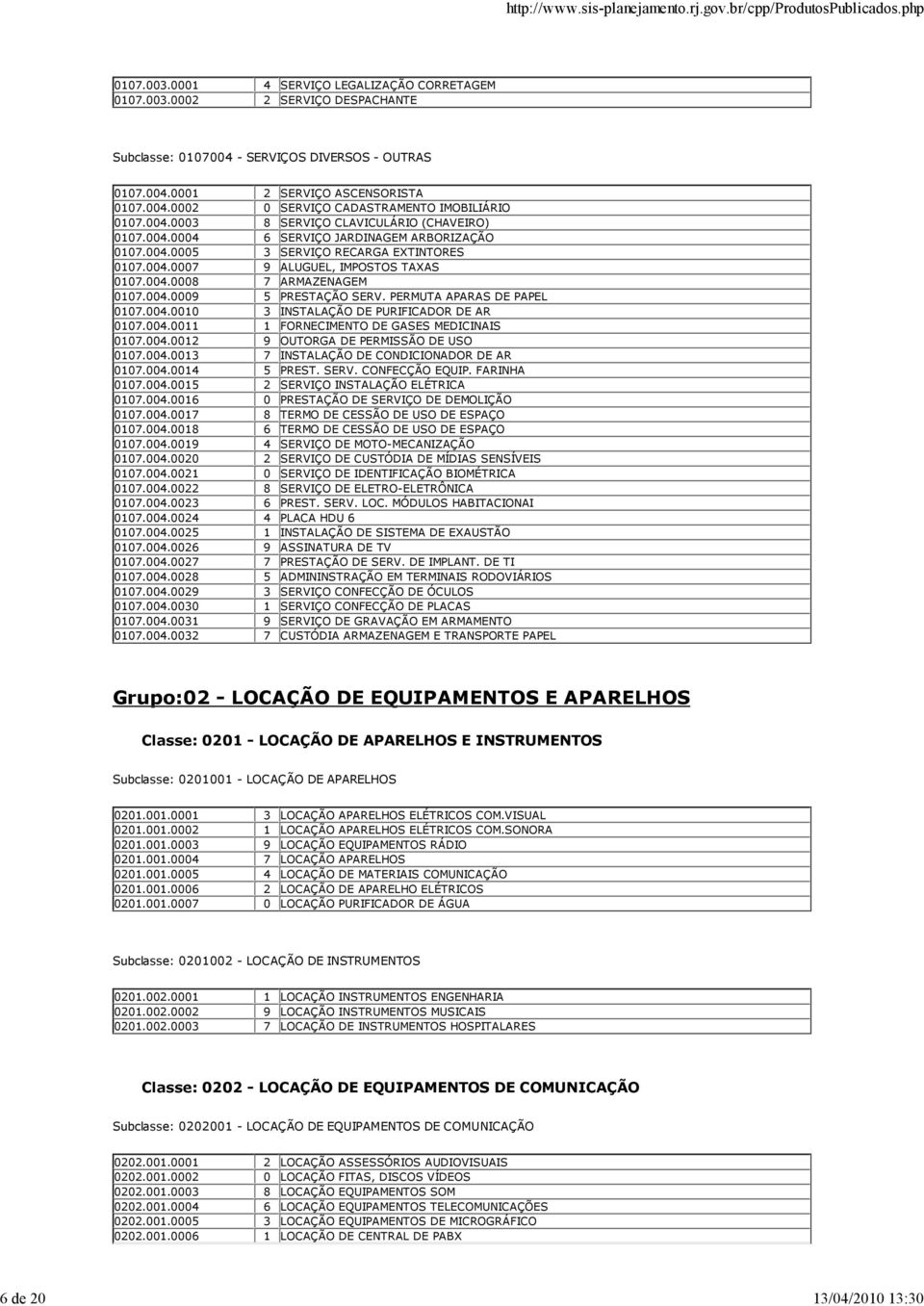 004.0008 7 ARMAZENAGEM 0107.004.0009 5 PRESTAÇÃO SERV. PERMUTA APARAS DE PAPEL 0107.004.0010 3 INSTALAÇÃO DE PURIFICADOR DE AR 0107.004.0011 1 FORNECIMENTO DE GASES MEDICINAIS 0107.004.0012 9 OUTORGA DE PERMISSÃO DE USO 0107.