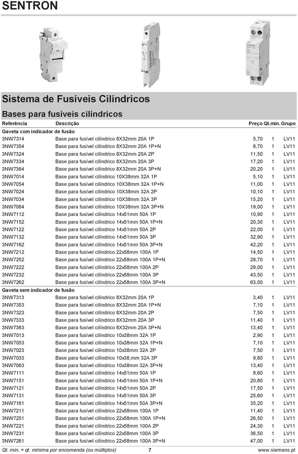 20A 3P+N 20,20 1 LV11 3NW7014 Base para fusível cilíndrico 10X38mm 32A 1P 5,10 1 LV11 3NW7054 Base para fusível cilíndrico 10X38mm 32A 1P+N 11,00 1 LV11 3NW7024 Base para fusível cilíndrico 10X38mm