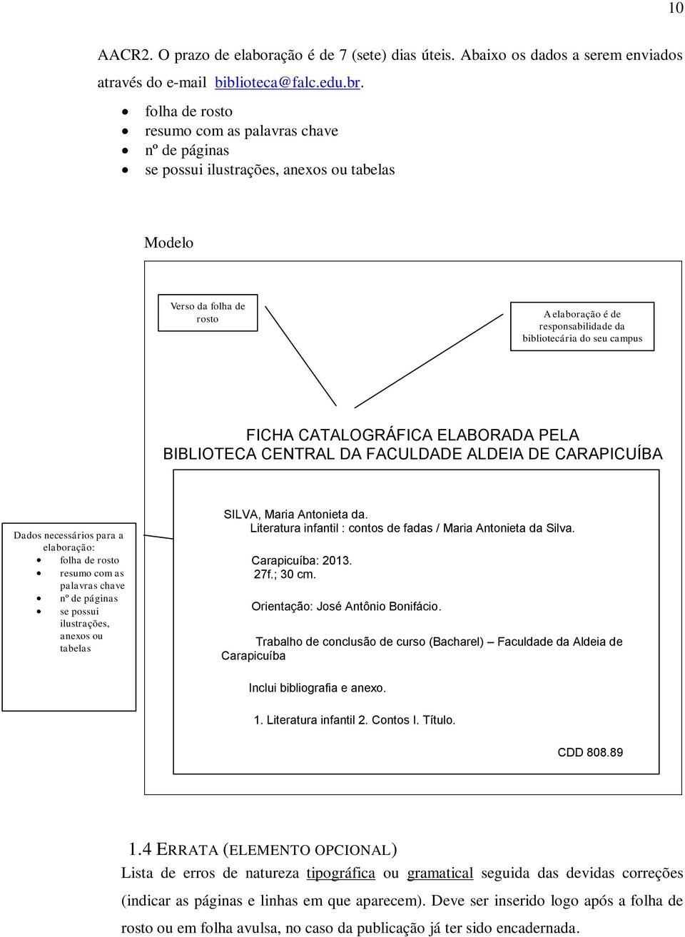 CATALOGRÁFICA ELABORADA PELA BIBLIOTECA CENTRAL DA FACULDADE ALDEIA DE CARAPICUÍBA Dados necessários para a elaboração: folha de rosto resumo com as palavras chave nº de páginas se possui