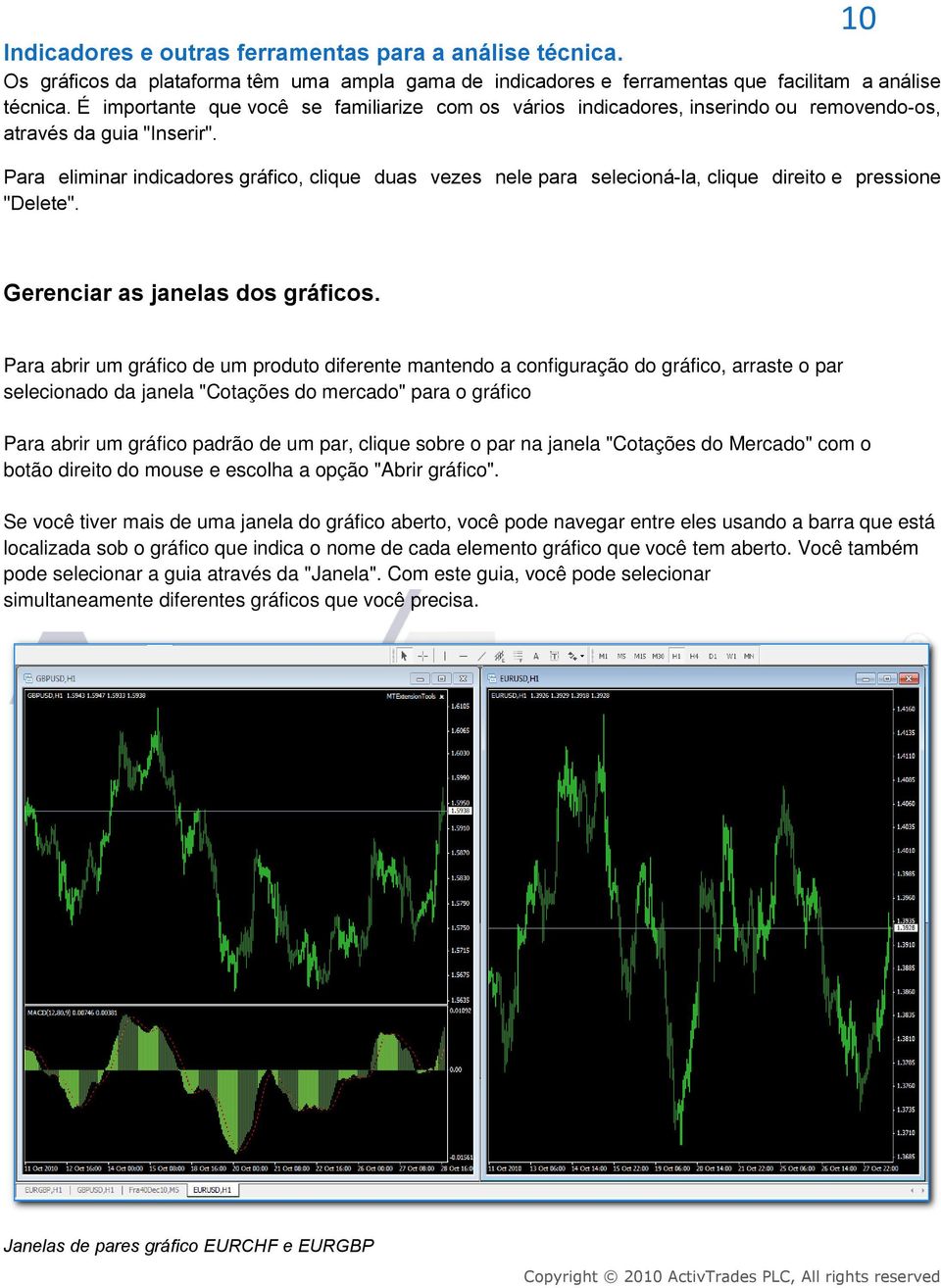 Para eliminar indicadores gráfico, clique duas vezes nele para selecioná-la, clique direito e pressione "Delete". 10 Gerenciar as janelas dos gráficos.