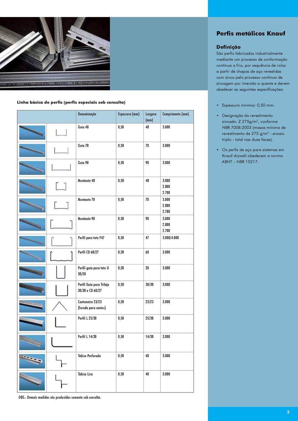 (mm) (mm) Guia 48 0,50 48 3.000 Guia 70 0,50 70 3.000 Guia 90 0,50 90 3.000 Espessura mínima: 0,50 mm.