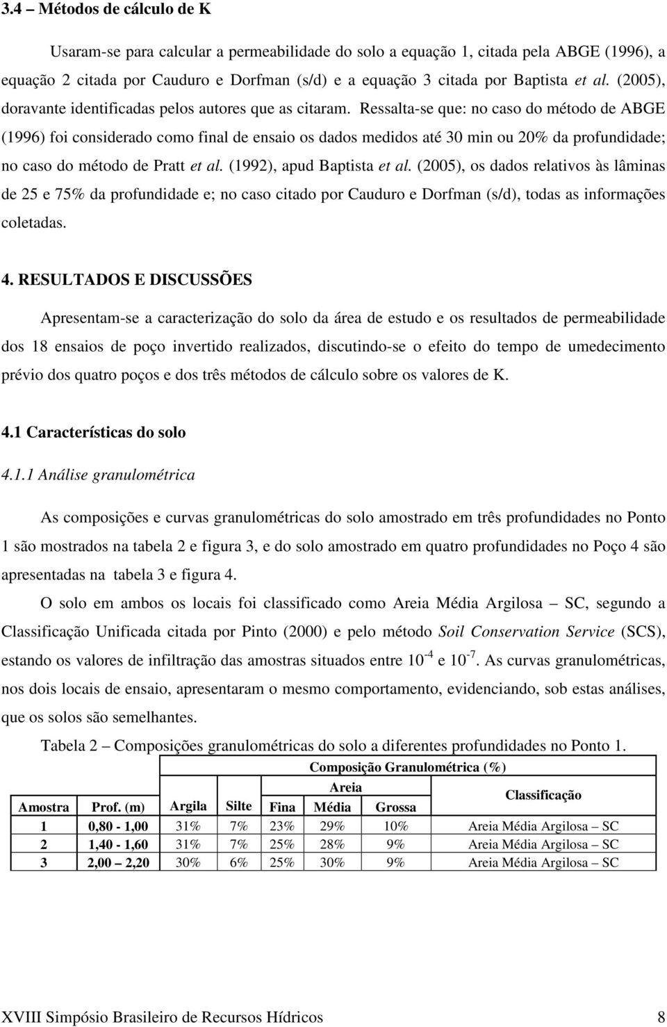 Ressaltase que: no caso do método de ABGE (1996) foi considerado como final de ensaio os dados medidos até 30 min ou 20% da profundidade; no caso do método de Pratt et al. (1992), apud Baptista et al.