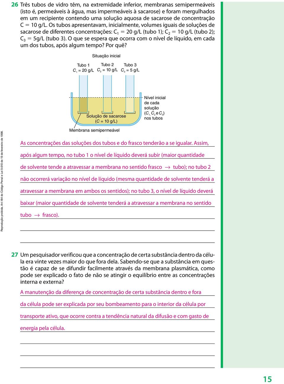 Os tubos apresentavam, inicialmente, volumes iguais de soluções de sacarose de diferentes concentrações: C 1 5 20 g/l (tubo 1); C 2 5 10 g/l (tubo 2); C 3 5 5g/L (tubo 3).