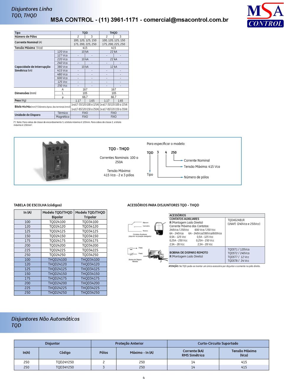 br Número de Pólos Corrente Nominal (A) Tensão Máxima (Vca) Capacidade de Interrupção Simétrica (ka) Dimensões (mm) 120 Vca 127 Vca 220 Vca 240 Vca 380 Vca Vca Vca Vca 125 Vcc 250 Vcc A L P Peso (Kg)