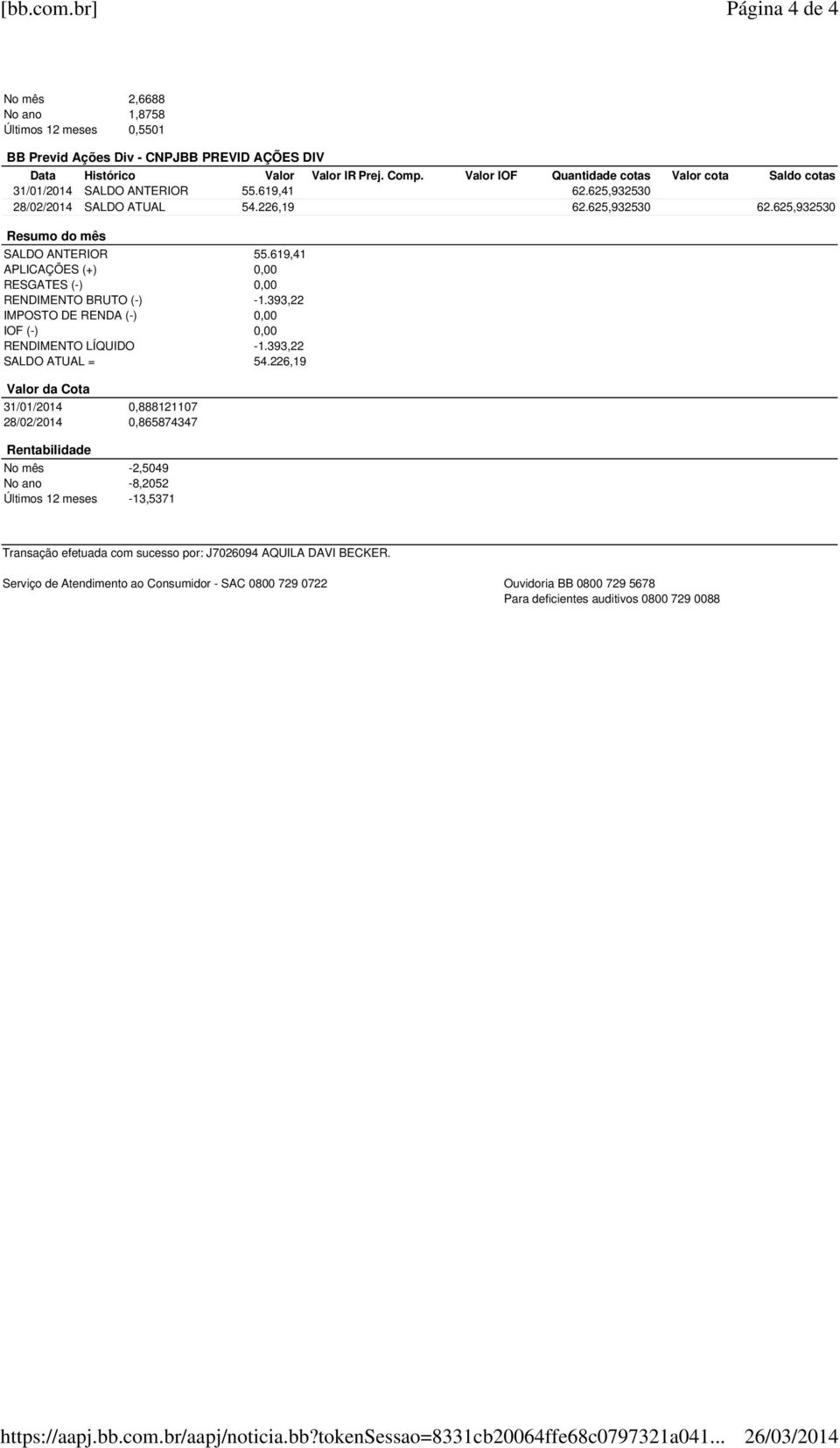 Valor IOF Quantidade cotas Valor cota Saldo cotas 31/01/2014 SALDO ANTERIOR 55.619,41 62.625,932530 28/02/2014 SALDO ATUAL 54.226,19 62.625,932530 62.625,932530 Resumo do mês SALDO ANTERIOR 55.