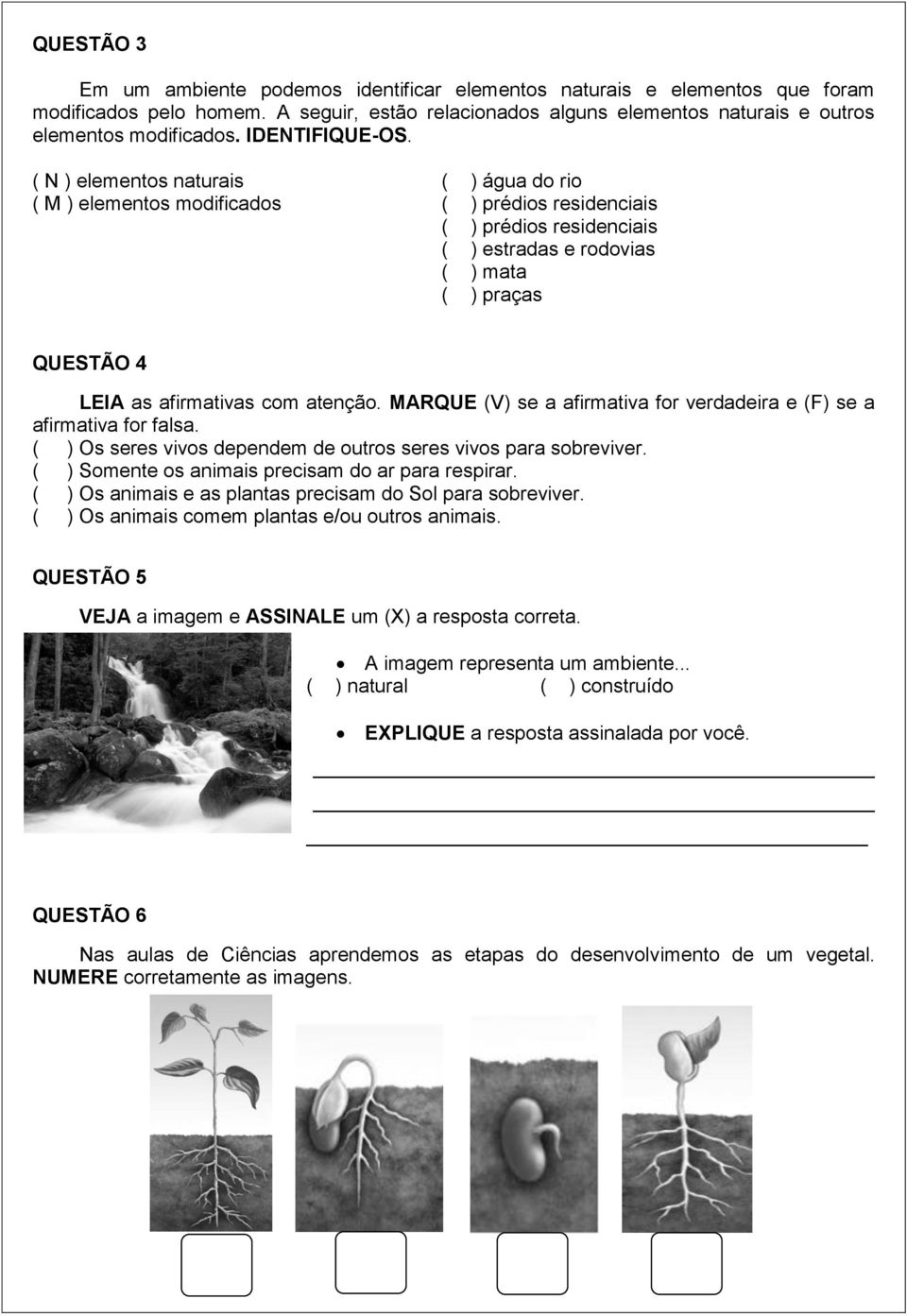 ( N ) elementos naturais ( ) água do rio ( M ) elementos modificados ( ) prédios residenciais ( ) prédios residenciais ( ) estradas e rodovias ( ) mata ( ) praças QUESTÃO 4 LEIA as afirmativas com