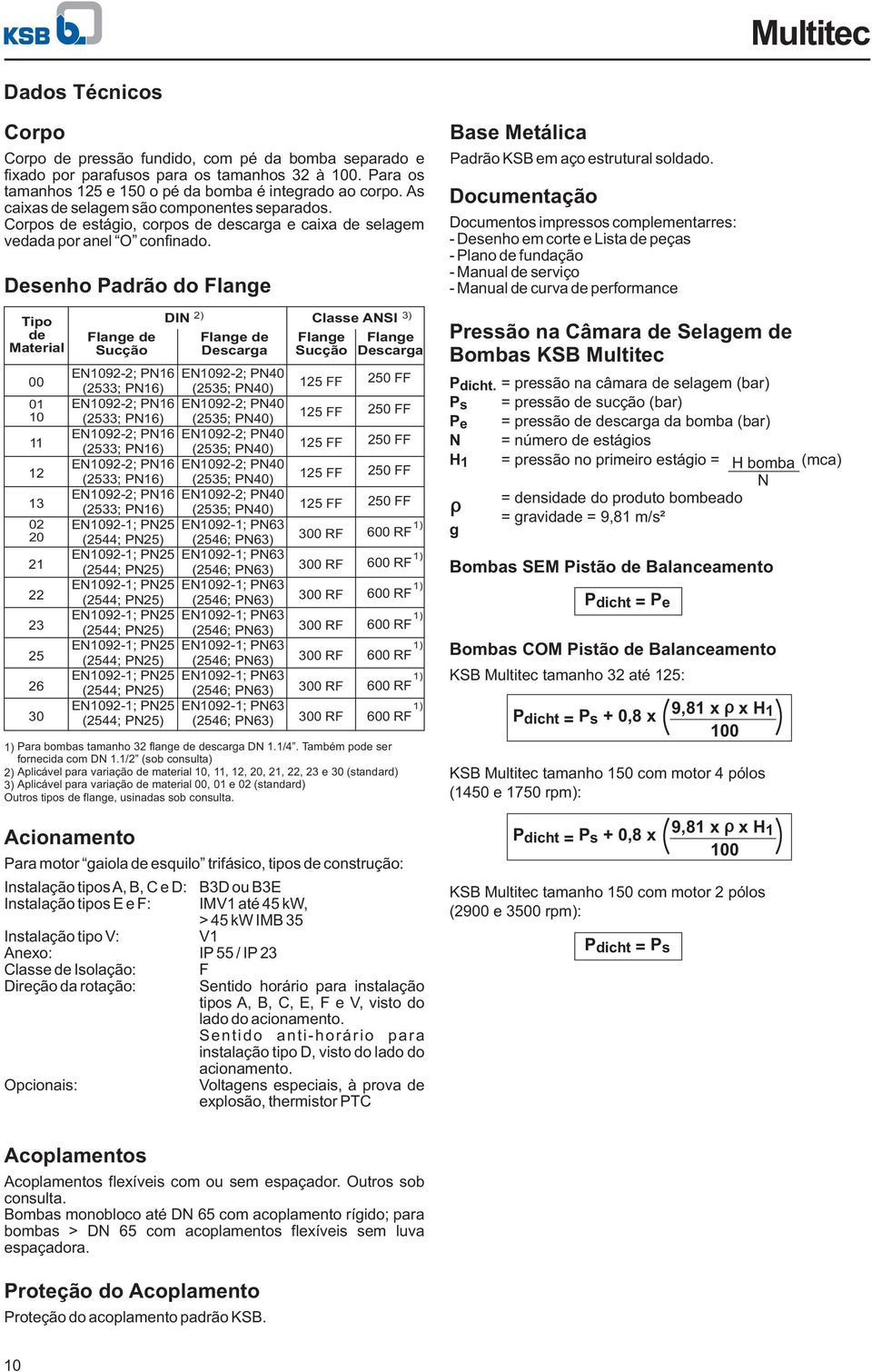 Desenho Padrão do Flange Tipo de Material 0 0 Flange de Sucção DIN ) Flange de Descarga EN; PN EN; PN (; PN) (; PN) EN; PN EN; PN (; PN) (; PN) EN; PN EN; PN (; PN) (; PN) EN; PN EN; PN (; PN) (; PN)