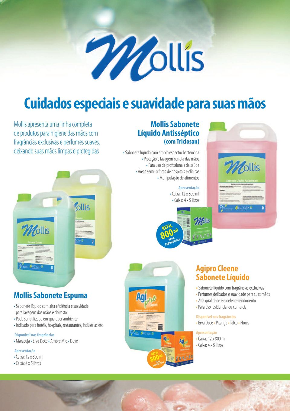 semi-críticas de hospitais e clínicas Manipulação de alimentos Caixa: 12 x 800 ml REFIL 800 ml PARA SABONETEIRA Mollis Sabonete Espuma Sabonete líquido com alta eficiência e suavidade para lavagem