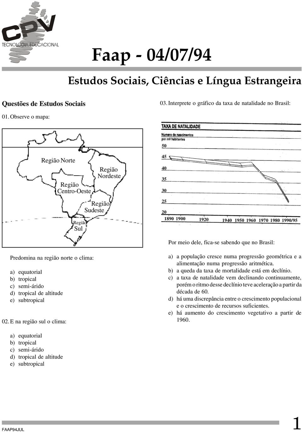 Brasil: Predomina na região norte o clima: a) equatorial b) tropical c) semi-árido d) tropical de altitude e) subtropical 02.