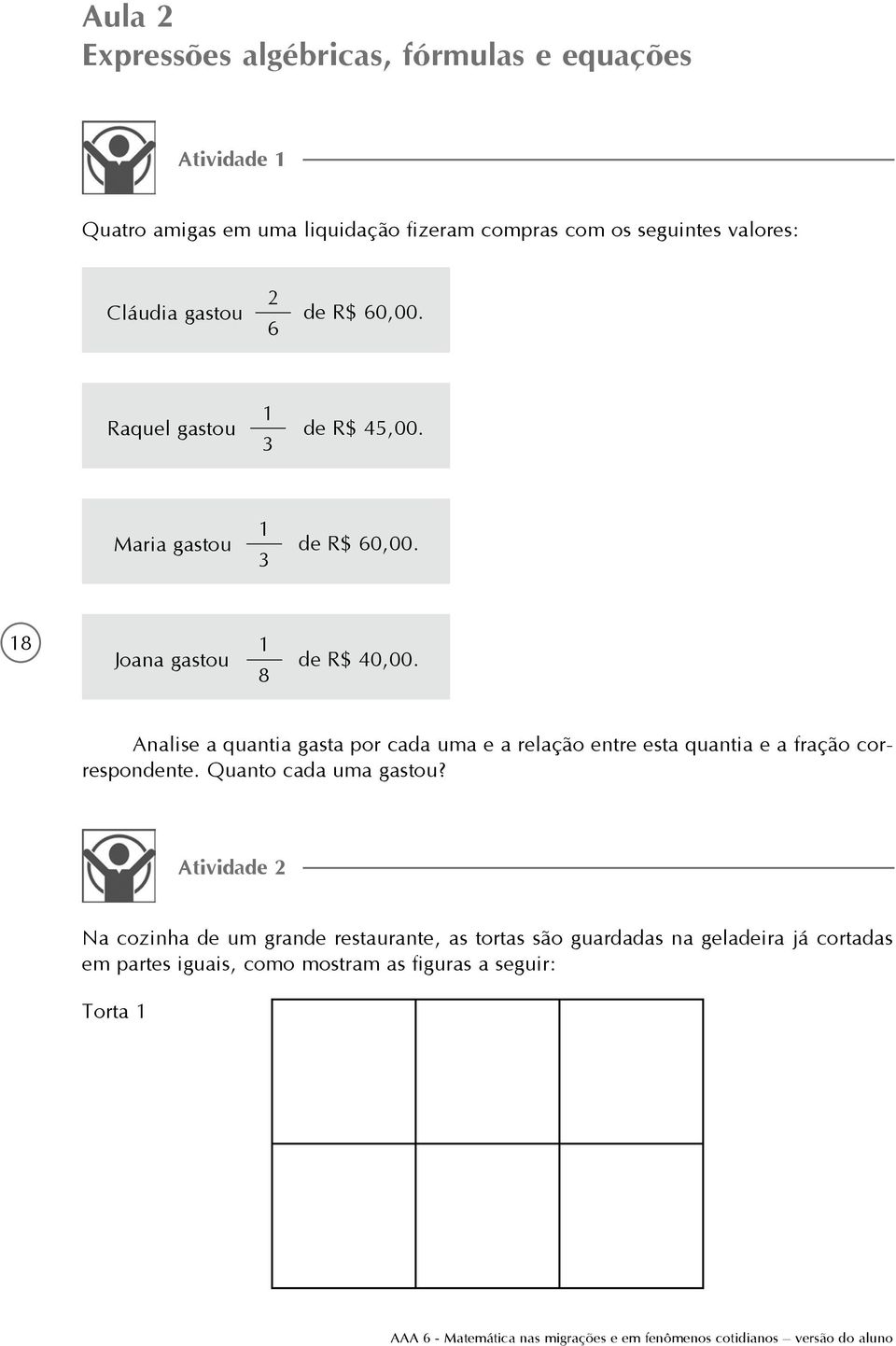 Analise a quantia gasta por cada uma e a relação entre esta quantia e a fração correspondente. Quanto cada uma gastou?