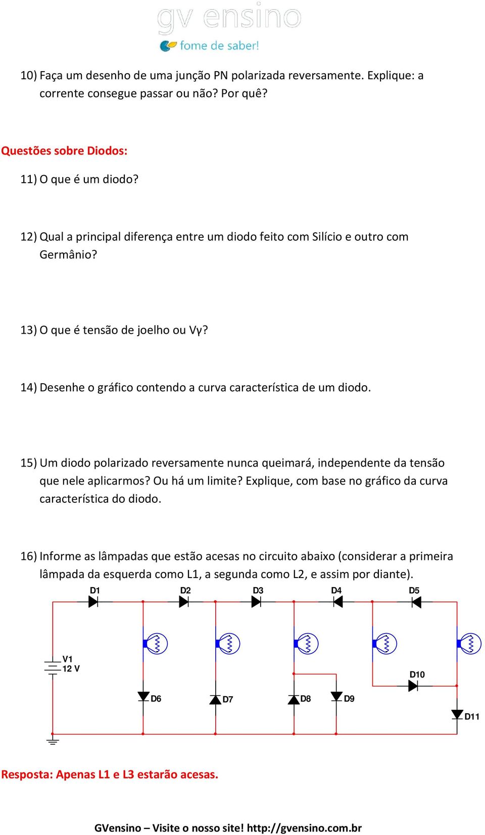 15) Um diodo polarizado reversamente nunca queimará, independente da tensão que nele aplicarmos? Ou há um limite? Explique, com base no gráfico da curva característica do diodo.