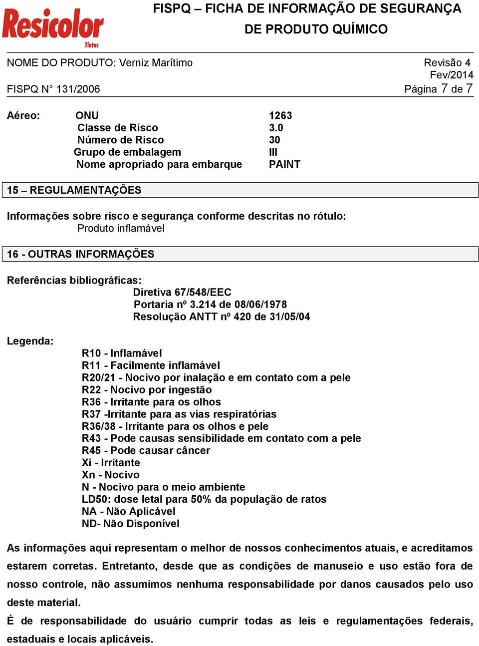 INFORMAÇÕES Referências bibliográficas: Diretiva 67/548/EEC Portaria nº 3.