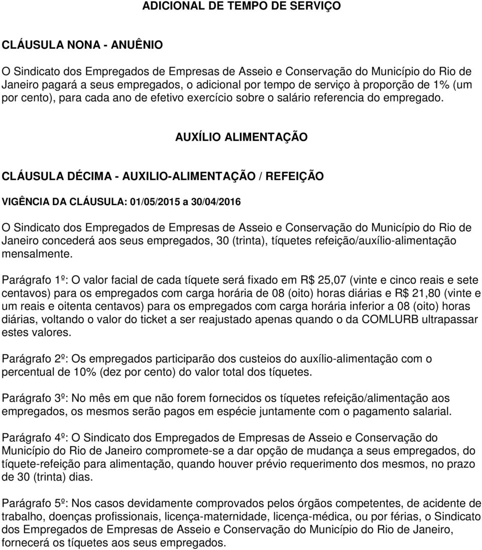 AUXÍLIO ALIMENTAÇÃO CLÁUSULA DÉCIMA - AUXILIO-ALIMENTAÇÃO / REFEIÇÃO VIGÊNCIA DA CLÁUSULA: 01/05/2015 a 30/04/2016 Janeiro concederá aos seus empregados, 30 (trinta), tíquetes