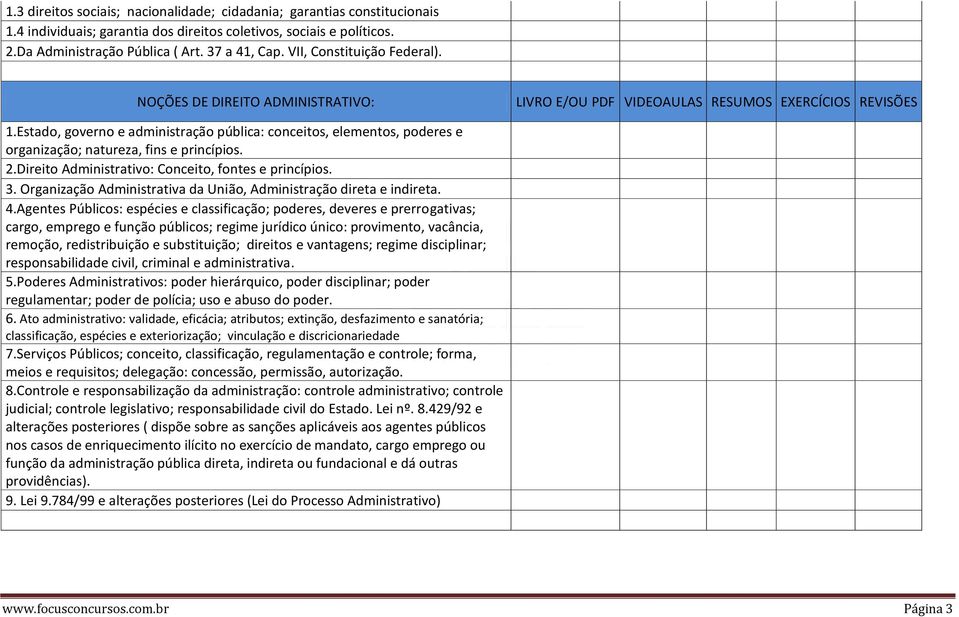 Direito Administrativo: Conceito, fontes e princípios. 3. Organização Administrativa da União, Administração direta e indireta. 4.