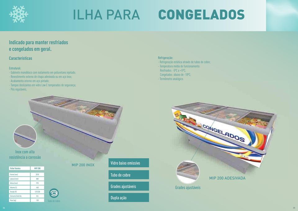 temperados de segurança; - Pés reguláveis; Refrigeração: - Refrigeração estática através de tubos de cobre; - Temperatura média de funcionamento: Resfriados: -5ºC a +5ºC; Congelados: abaixo de