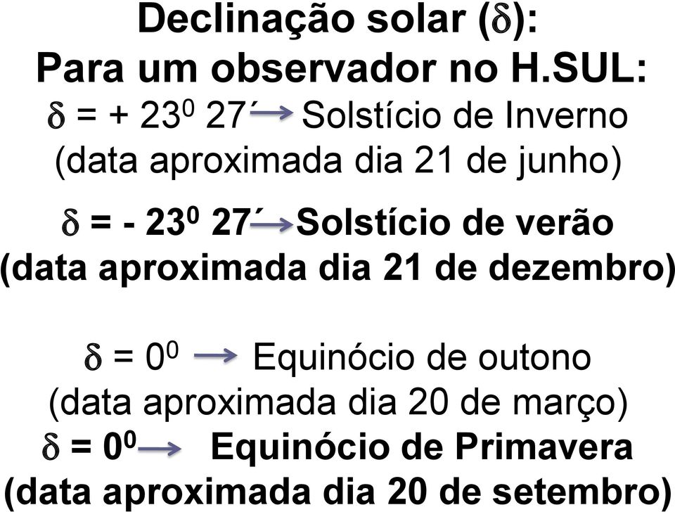 23 0 27 Solstício de verão (data aproximada dia 21 de dezembro) = 0 0