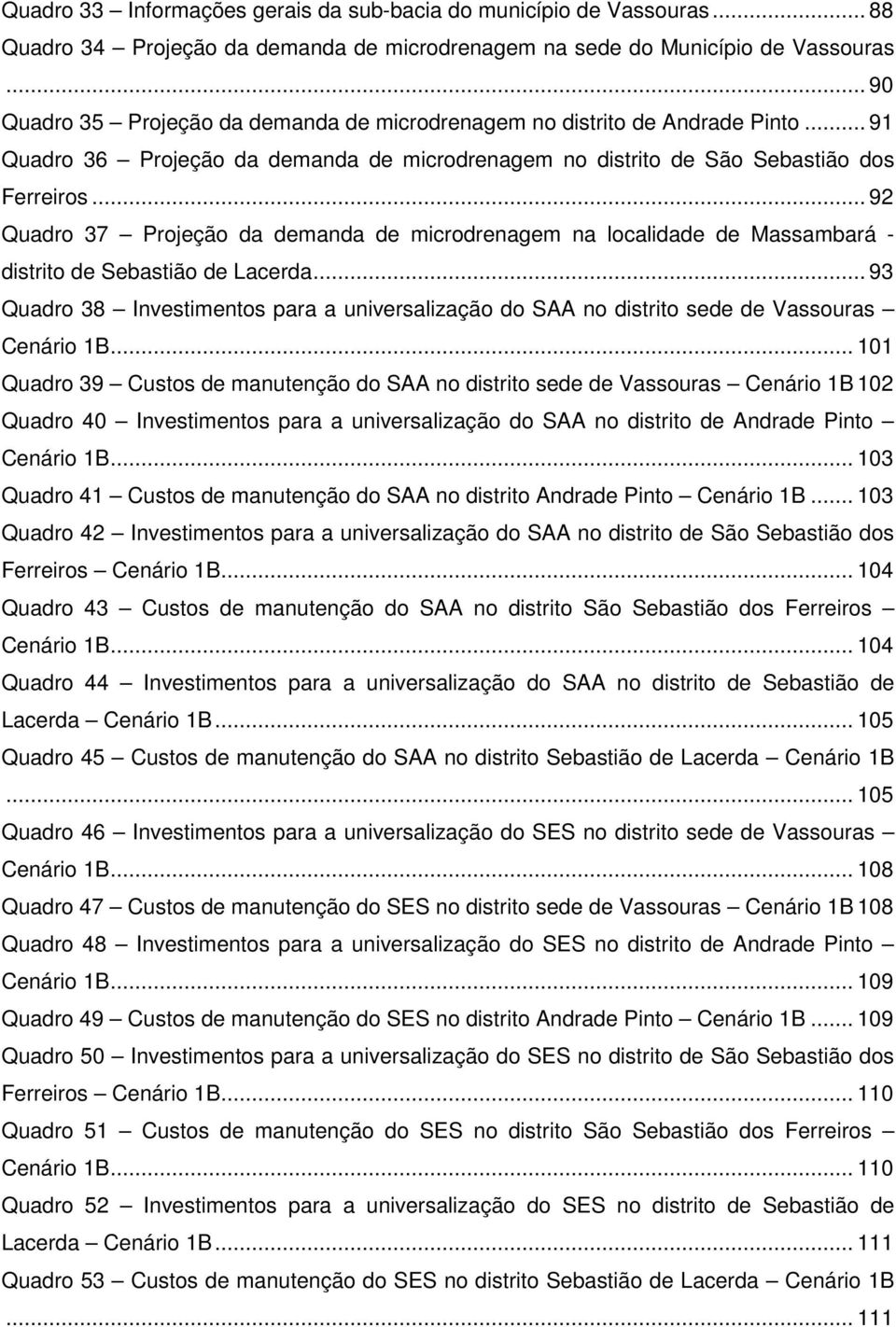 .. 92 Quadro 37 Projeção da demanda de microdrenagem na localidade de Massambará - distrito de Sebastião de Lacerda.