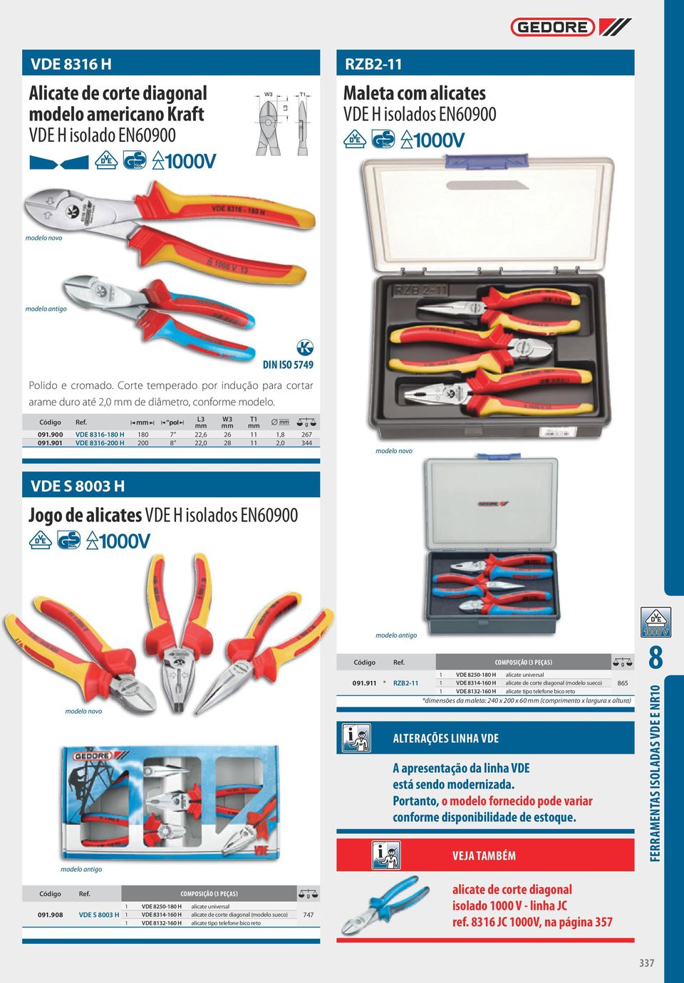 901 VDE 8316-200 H 200 8 22,0 28 11 2,0 344 modelo novo VDE S 8003 H Jogo de alicates VDE H isolados EN60900 modelo antigo Código Ref.